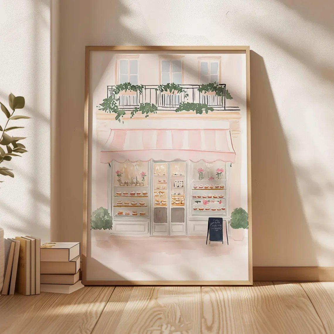 Paris Bakery Poster Print, French Patisserie Wall Art, Pastel Cafe Illustration, Pink Dessert Shop Decor, Whimsical Paris Street view 3