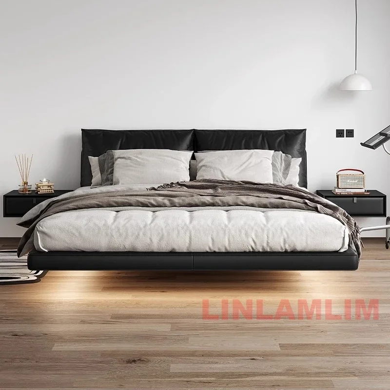 MANBAS Modern Feather Down Bed | Soft Upholstered Italian Genuine Leather Bed with LED Lighting | Luxury Floating Bed Frame