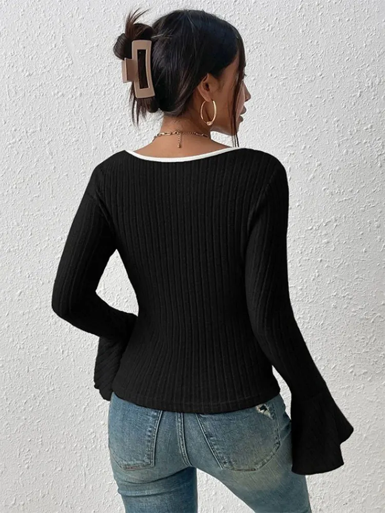 2026 Women Contrast Trim Square Neck Long Sleeve Top, Ribbed Flare Cuff Slim Fit Basic Tee, Casual Y2K Skinny Knit Blouse