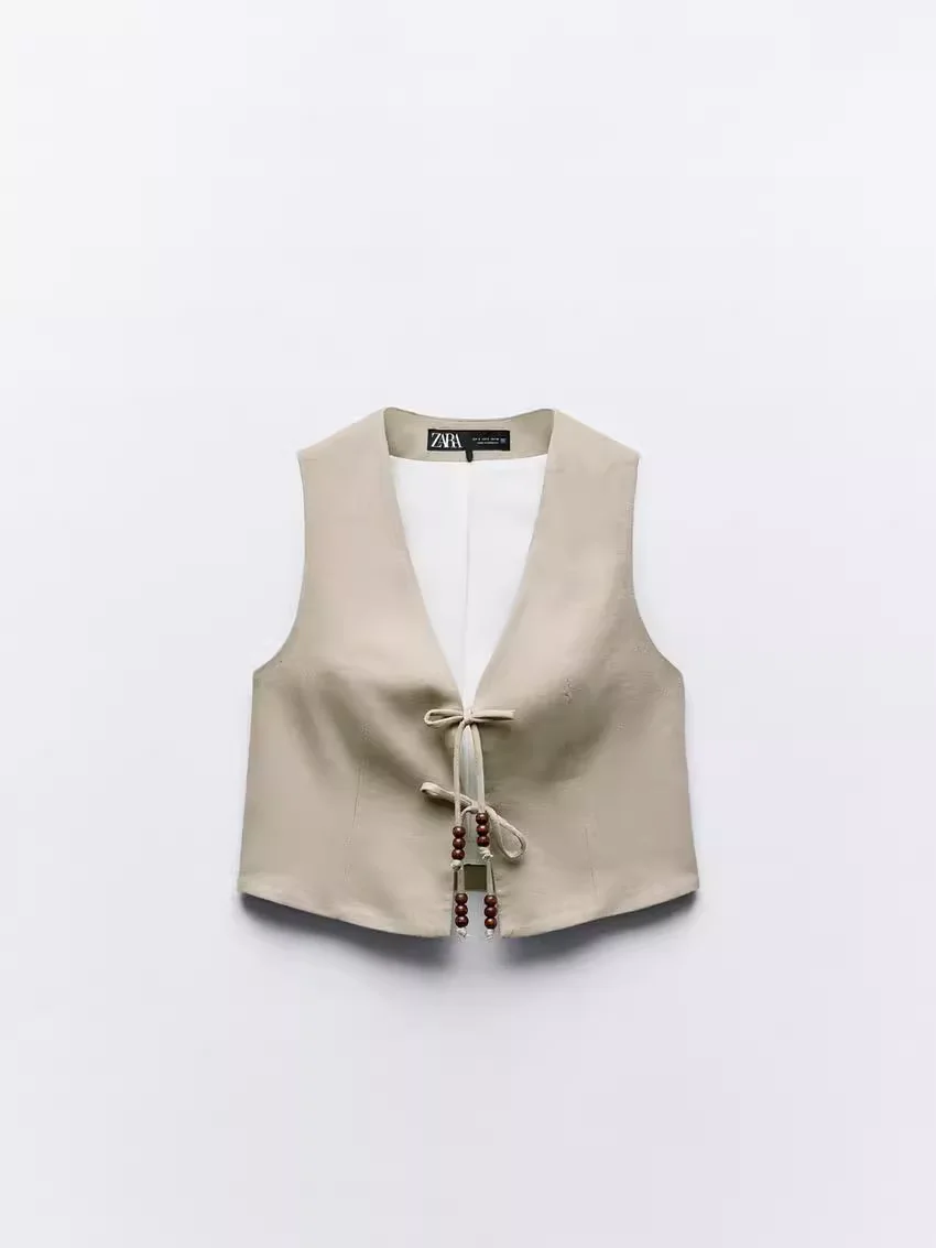 صيف 2025: توب نسائي جديد أنيق مزين بالخرز وعقدة الفراشة، مصنوع من مزيج الكتان، تصميم متعدد الاستخدامات بطول عادي 450 #5