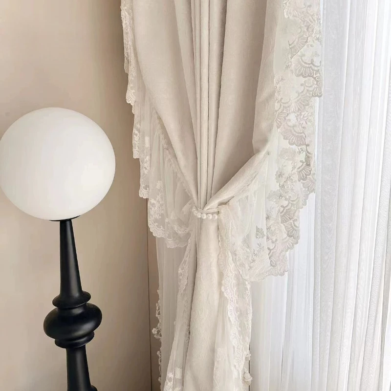 French Relief Jacquard Cream Lace Patchwork Chenille Curtains for Living Room Bedroom Partition Curtains Decorative Products