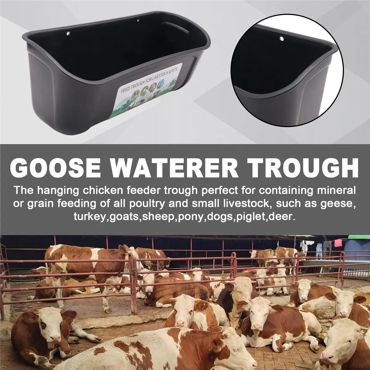 maiABIY Chicken Goat Hanging Fence Feeder, Water Trough for Deer Duck Dog and Piglets, Goose Waterer Trough Black 2 Pack