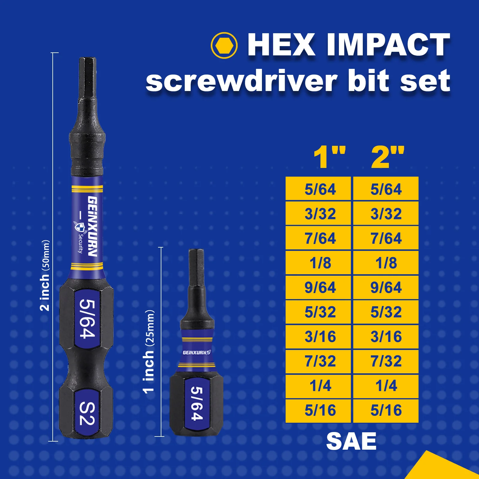 GEINXURN Multi Hex Head SAE Power Impact Tough Magnetic Allen Wrench Drill Bits Set, with Extension Bit Holder