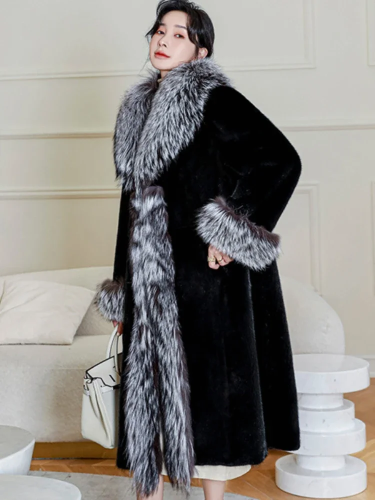 Women Faux Fur jacket Spliced Coats Casual Long Jacket Fur Outerwear Patchwork Loose Fit 2025 Autumn Pockets Turn Down Collar