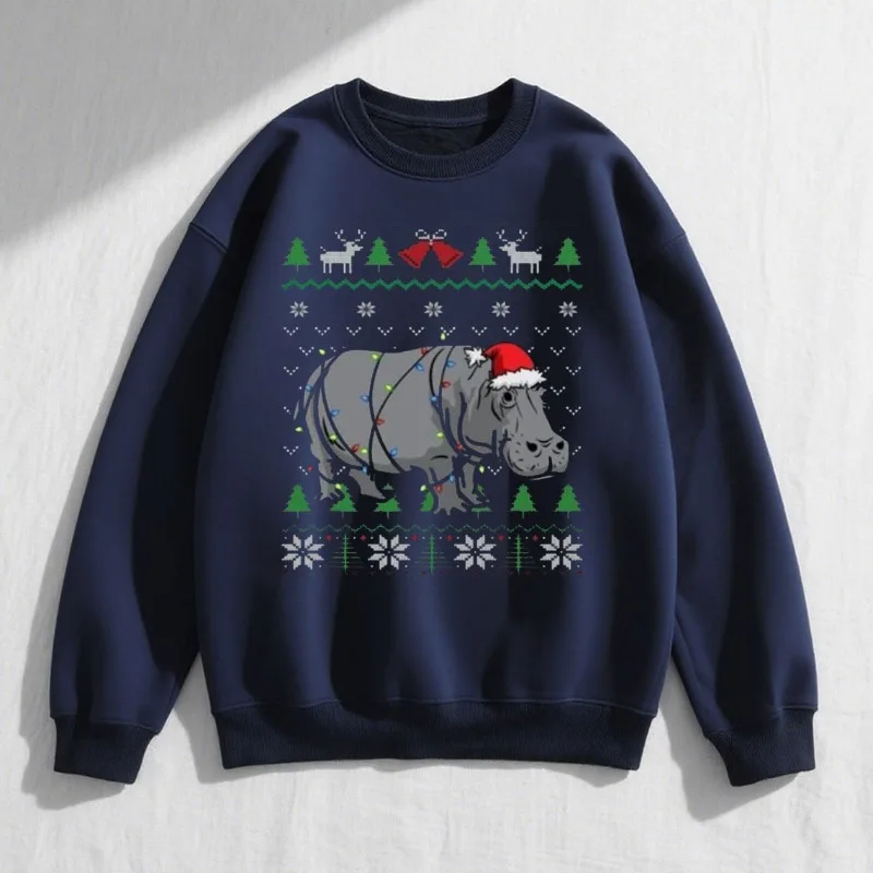 Süßes Nilpferd, hässliches Weihnachts-Sweatshirt, Nilpferd, Weihnachtsmütze, eingewickelt in Weihnachtsbeleuchtung, lustiges Geschenk für afrikanische Tierwelt, Nilpferd-Liebhaber