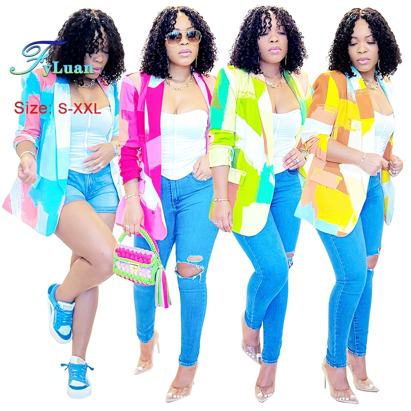 

New Listing Women's Long Sleeve Suit Jackets Printing Turn Down Collar Temperament Slim Casual Daily Simple Blazer Single Piece