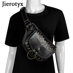 JIEROTYX Leather Studded Women Waist Bag Punk Fanny Waist Packs Travel Crossbody Bag Sling Chest Bags Phone Pouch Fashion Rivet