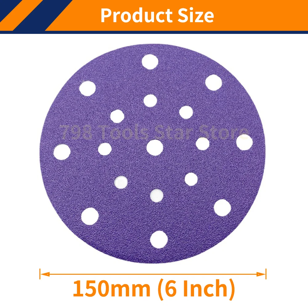 100PCS 6 Inch 17 Hole Hook & Loop Sanding Disc, 40-2000 Grits Round Purple Sandpaper for Dry Sanding Abrasive Flocking Sandpaper