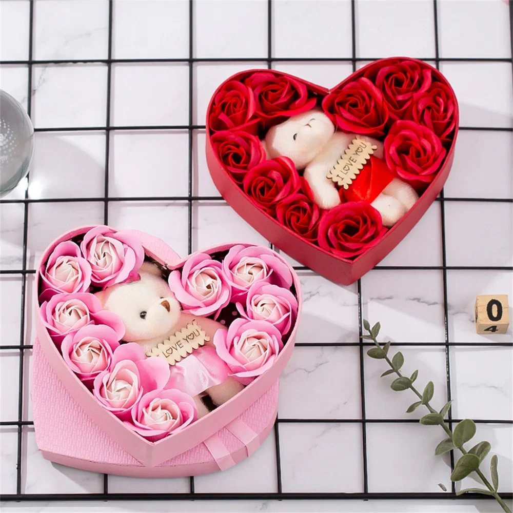 2023 Valentines Day Gift 10 Flowers Soap Flower Gift Rose Box Bears Bouquet Wedding Decoration Gift Festival Heart-shaped Box