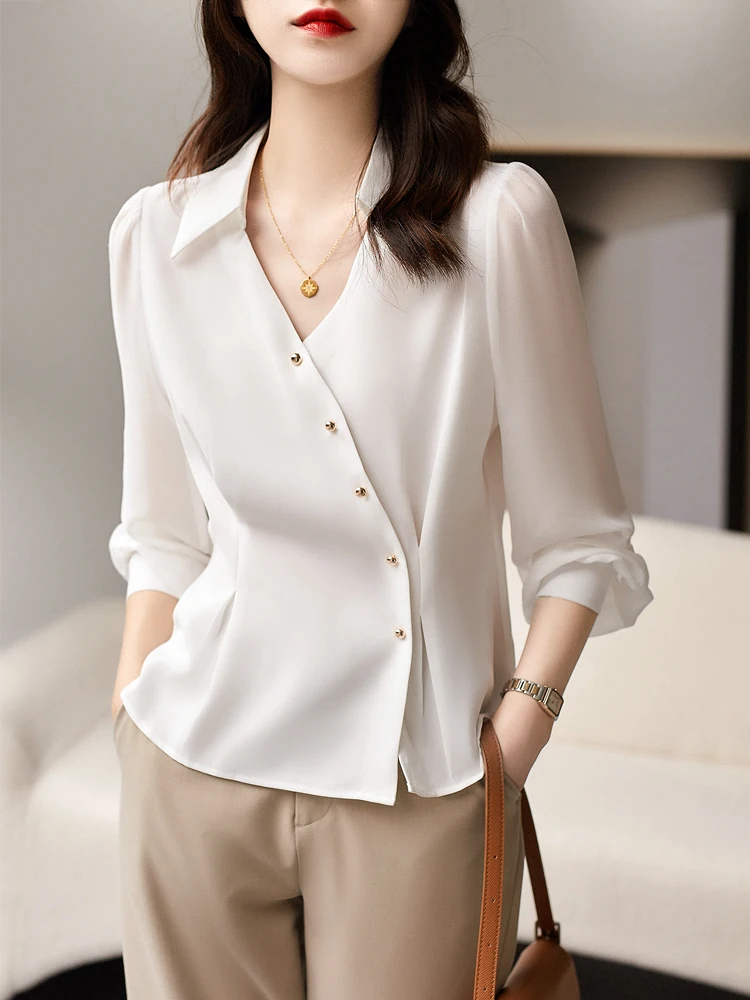 

Fashion Women Blouse 2024 Spring Summer Vintage Office Lady Long Sleeve Simplicity Chiffon Shirts Female Casual Basic Tops