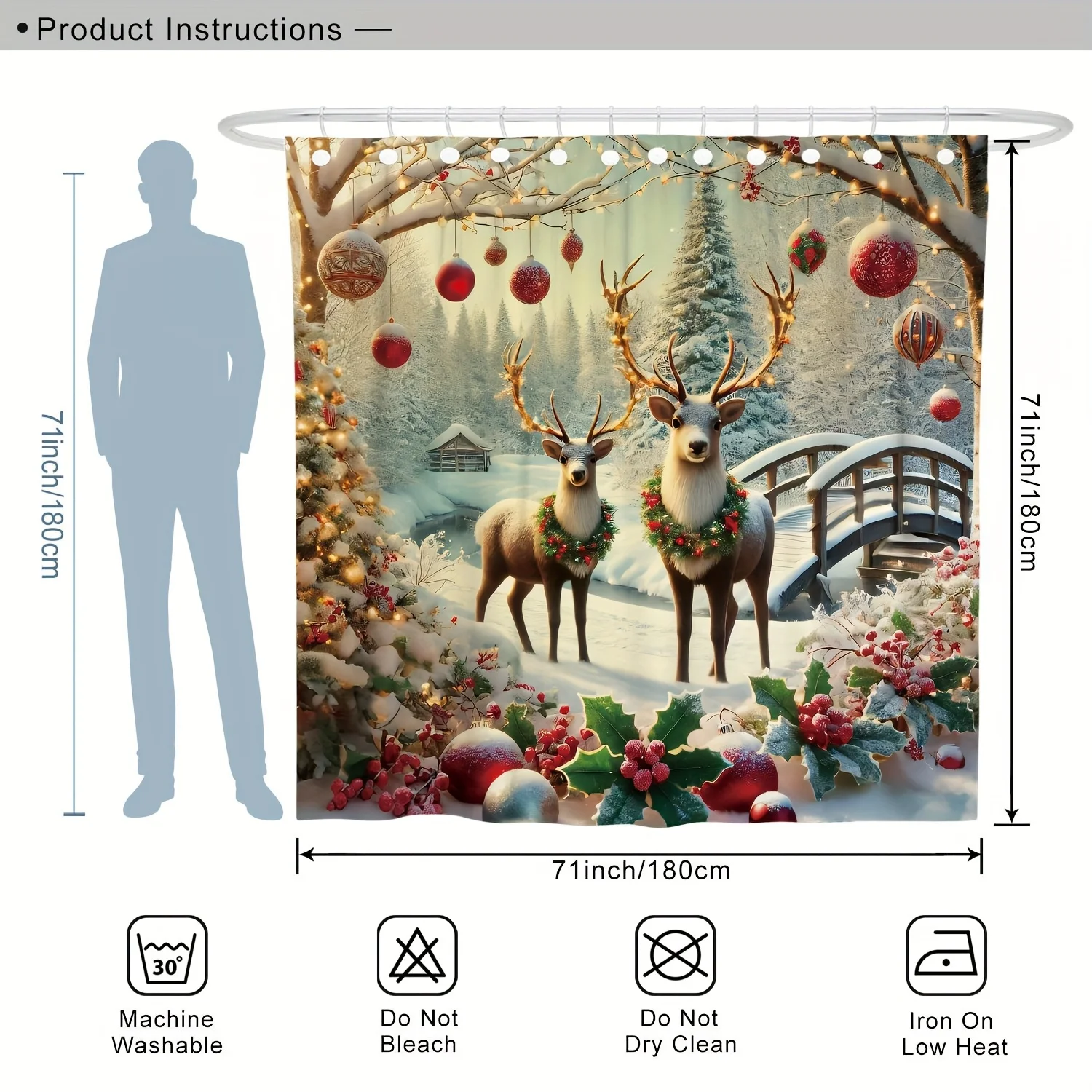 4Pcs Xmas Shower Set, Deer Ball Tree, Winter Scene, White Yellow, Holiday Bath Decor, 12 Hooks, Non-Slip Mat, U-Shaped Cover