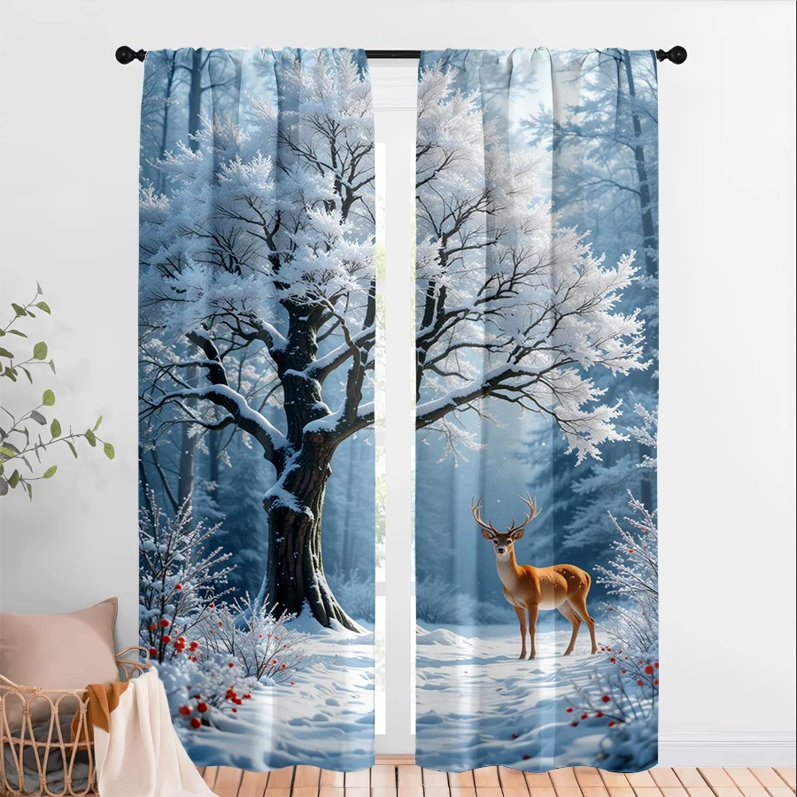2PCS Christmas Winter Curtains, Snowy Forest Deer Red Berry, Digital Print, Bedroom Living Room, Home Decor Window Drapes
