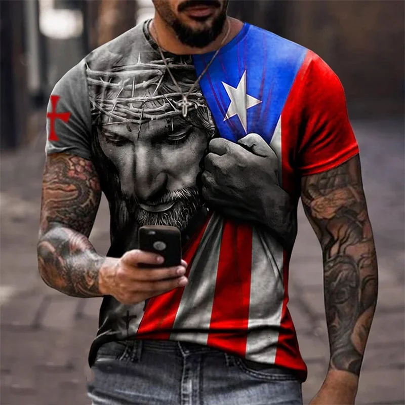 Jesus Christus Muster T-Shirt für Herren, amerikanische Flagge, 3D-Druck, Kurzarm-Oberteil, Sommer, lässig, Rundhalsausschnitt, lockeres T-Shirt