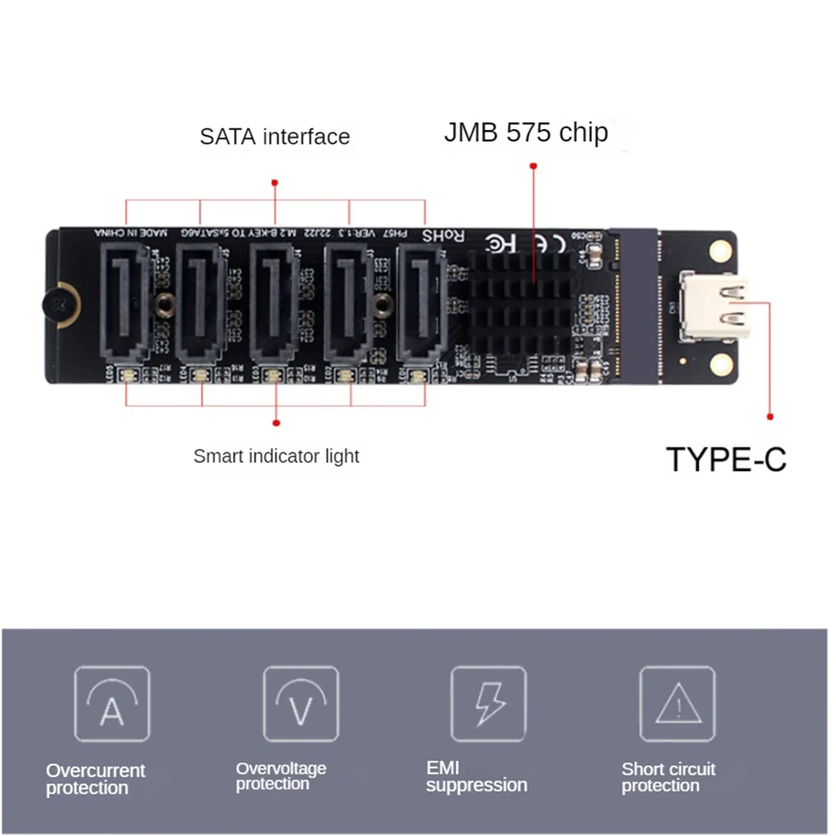 Карта адаптера TYPE-C на 5 портов SATA3.0 Riser Card JM575 + JMS580 SATA3 6 Гбит/с USB10G Корпус Сервер ПК Расширение компьютера
