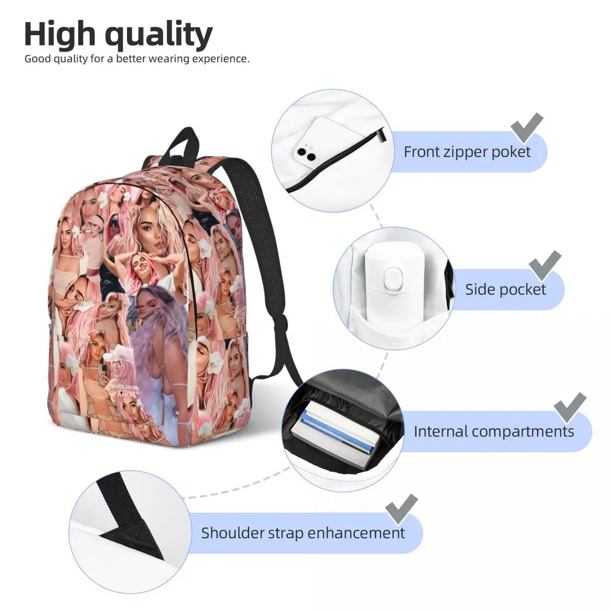 Karol G Singer Music Columbia Pink Backpack for Men Women Casual High School Work Daypack Art Music College Canvas Bags Outdoor