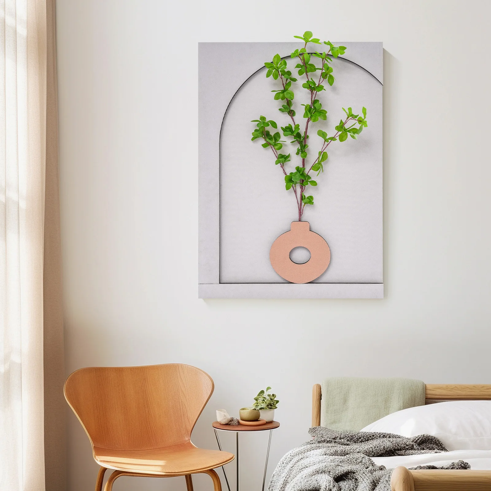Wall-Mounted Sandstone Arch Wall Art with LED Light & Simulated Plant, Handcrafted 50x70cm 3-Level Dimming Remote Control Decoration for Living Room Bedroom Office, Off-White