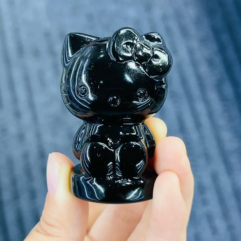 Sanrio Hello Kitty Crystal Quartz Black Obsidian Carving Polished Healing Figurine Cartoon Cat Home Decor Craft Gift