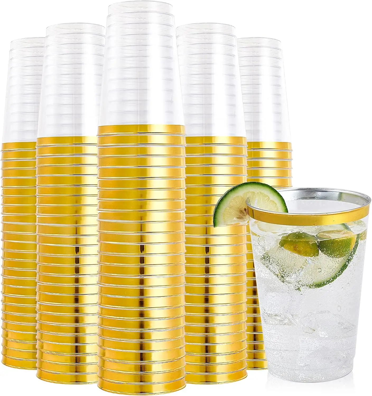 200 Pack 12 oz Gold Rimmed Cups, Clear Plastic Tumblers, Heavy-duty & Fancy Disposable Hard Plastic Cups 12 Ounce with Gold Rim