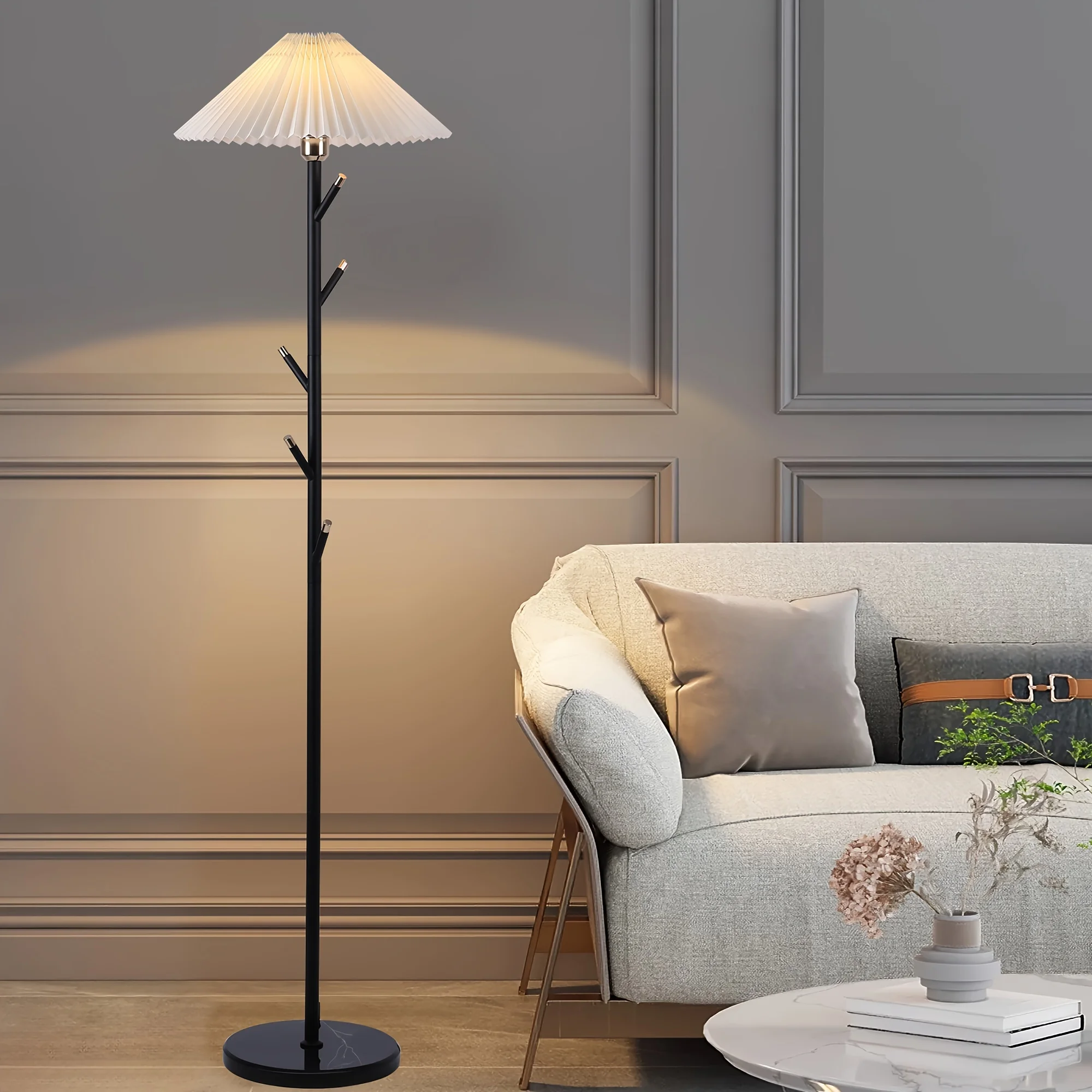 Retro Black & Gold Pleated Fabric Floor Lamp Stylish Pole Light with Foot Switch and Timeless Design Ideal for Bedroom