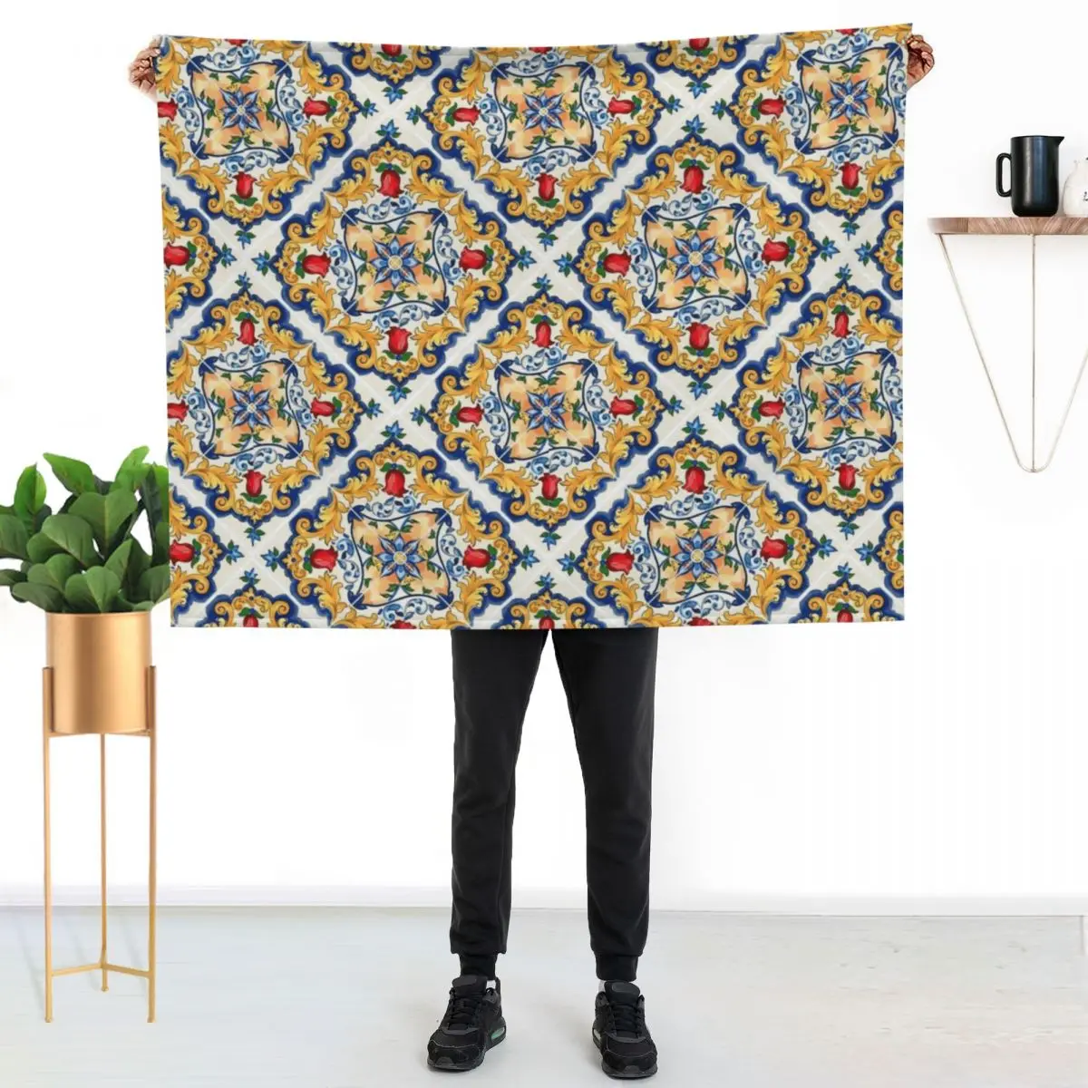 Sicilian Majolica Colourful Floral Flourishes Tile Pattern Throw Blanket Weighted Flannel Single Polar Giant Sofa Blankets