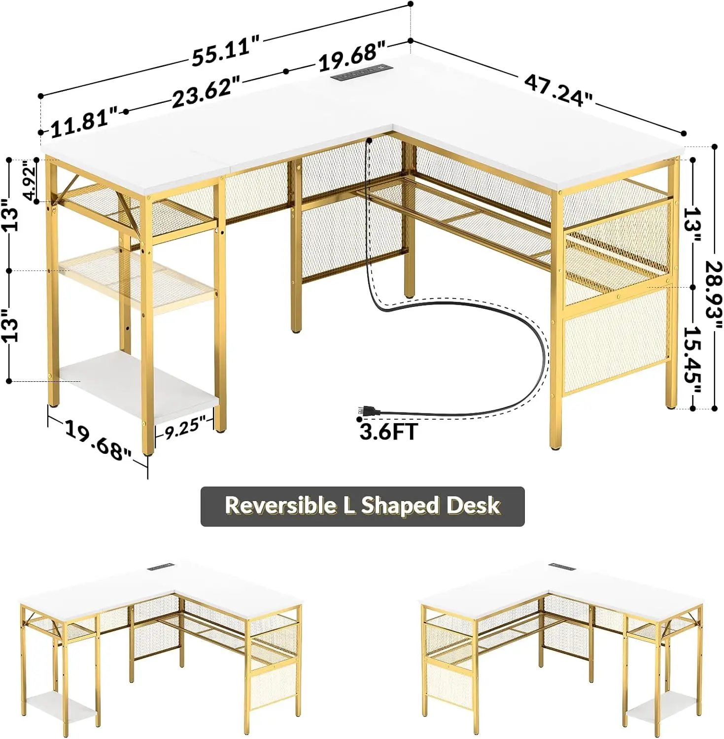 Mesa em forma de L com Tomadas e Portas de Carregamento USB, Mesas de Canto Reversíveis