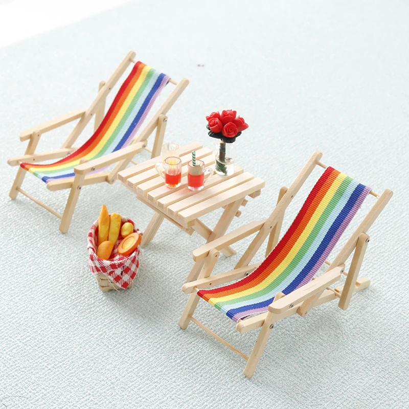 1:12 Dollhouse Rainbow Lounge Chair Foldable Beach Chair Model Dollhouse Mini Furniture Decor Toy Micro Scene Construction Prop