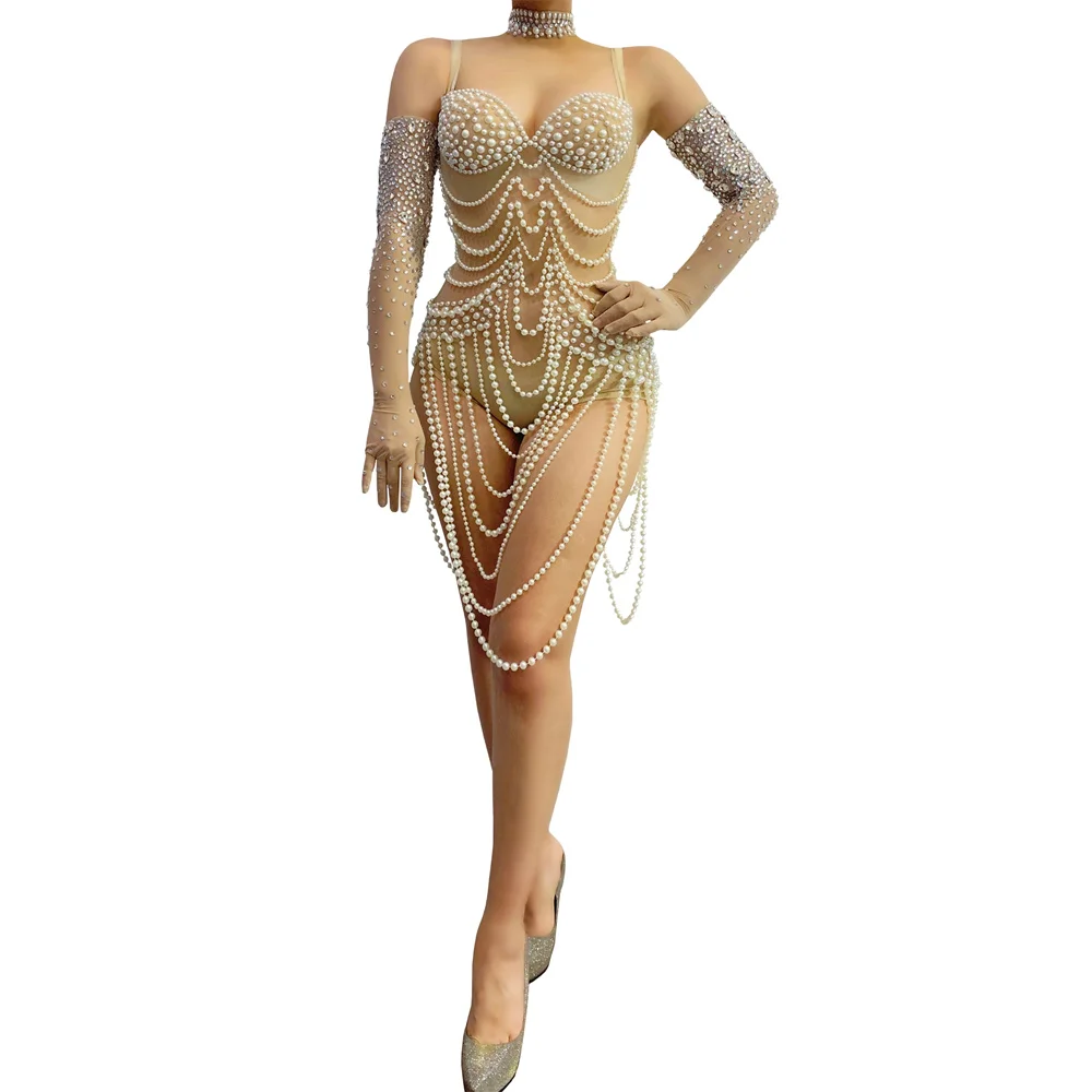 New Performance Clothing Sexy Slim Fit Shiny Pearl Nightclub DJ Stage Performance DS Party GOGO Hip Wrap Bodysuit Set