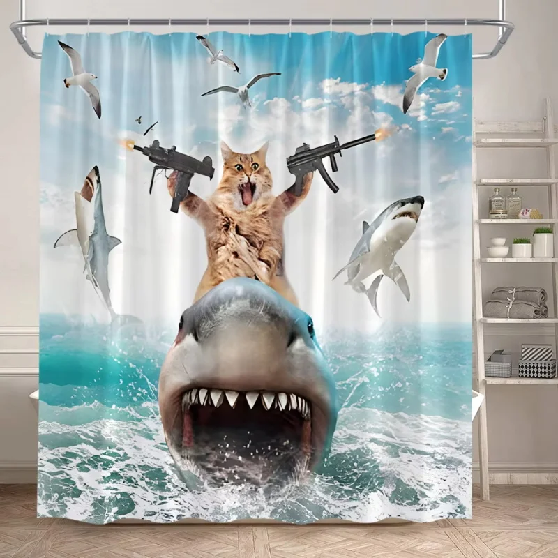 Funny Cat Shower Curtains Sea Waves Birds Shark Cute Dinosaur Unicorn Fun Animals Children Bathroom Decor Kids Bath Curtain Sets