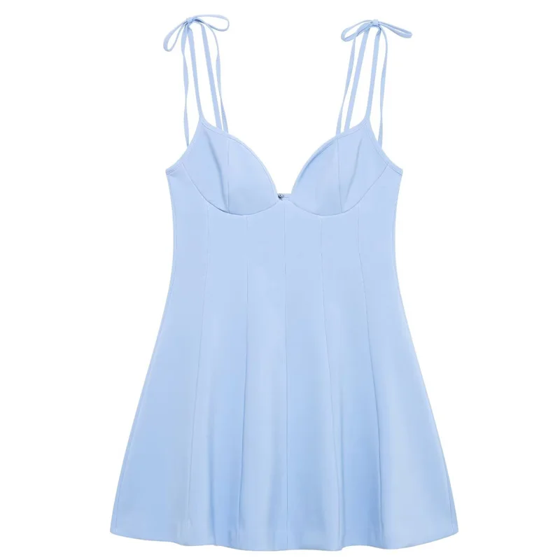 Hxao 2025 vestido feminino azul deslizamento vestido de verão mulher elegante borboleta espartilho vestidos curtos sólido sem mangas sem costas