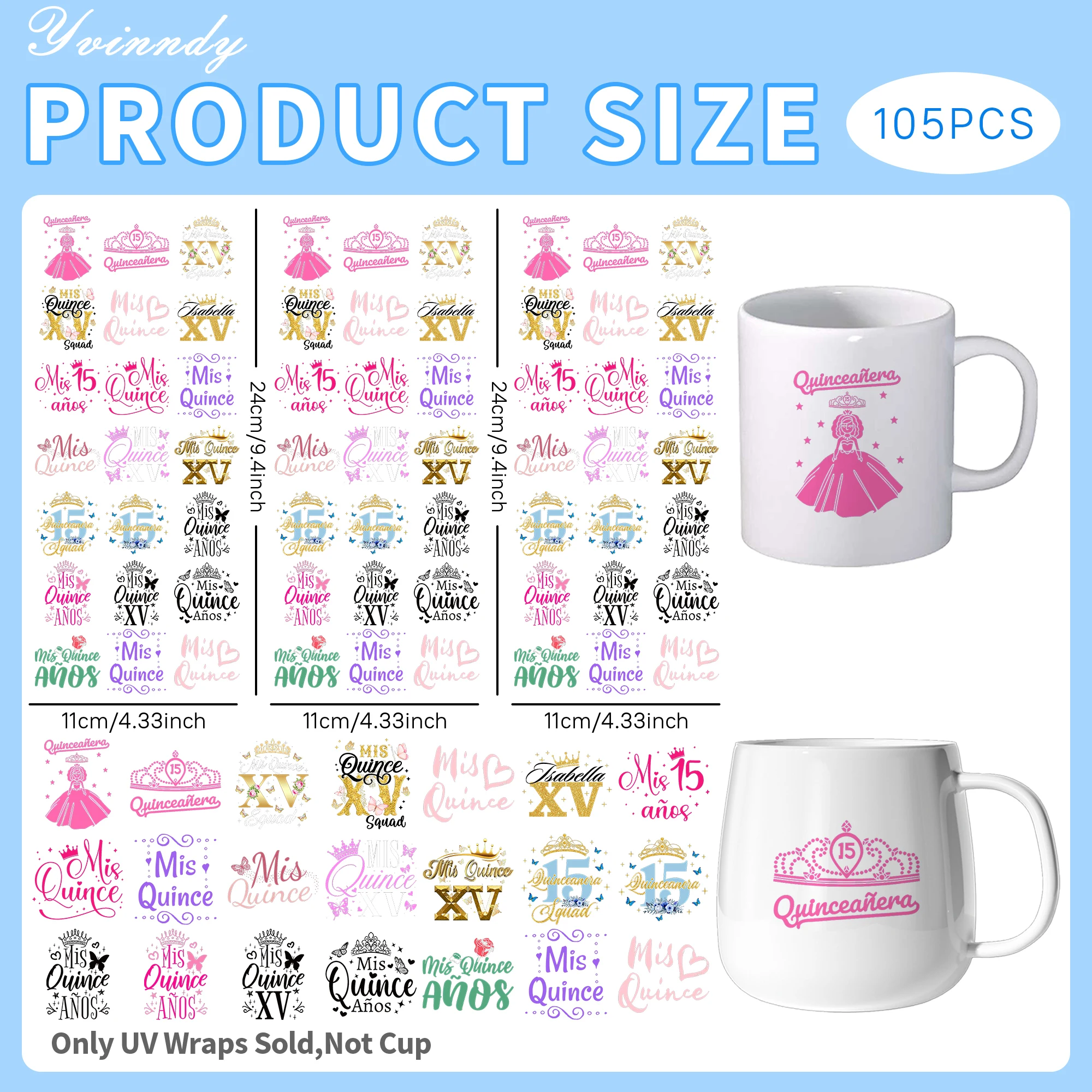 105Pcs/Set 15 Quinceanera Birthday Mis Quince Transfer Sticker DIY Craft Kits with Crystal Label 16oz Glass Jars Wrap Stickers