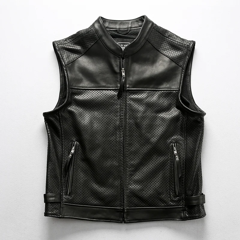 

5 days arrival,Men's Mesh Breathable Cowhide Vest Perforated Zipper Thick Genuine Leather Motorcycle Vest Vintage Classic Coat