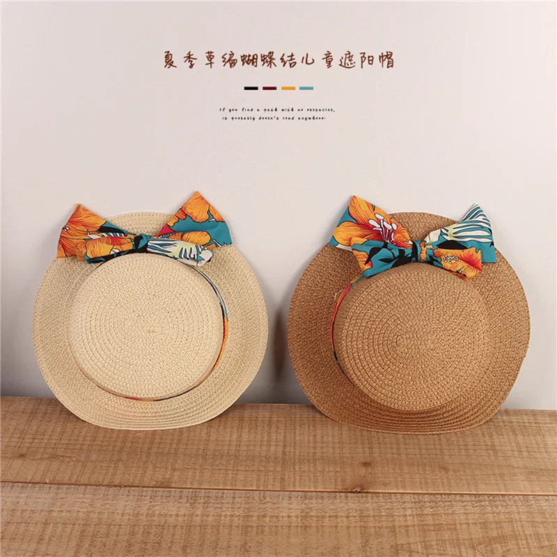 Blotona Children Straw Hat Boho Print Bowknot Sun Protection Fisherman Cap Kids Girls Sunshade Sunscreen Basin Hats for 2-8Years