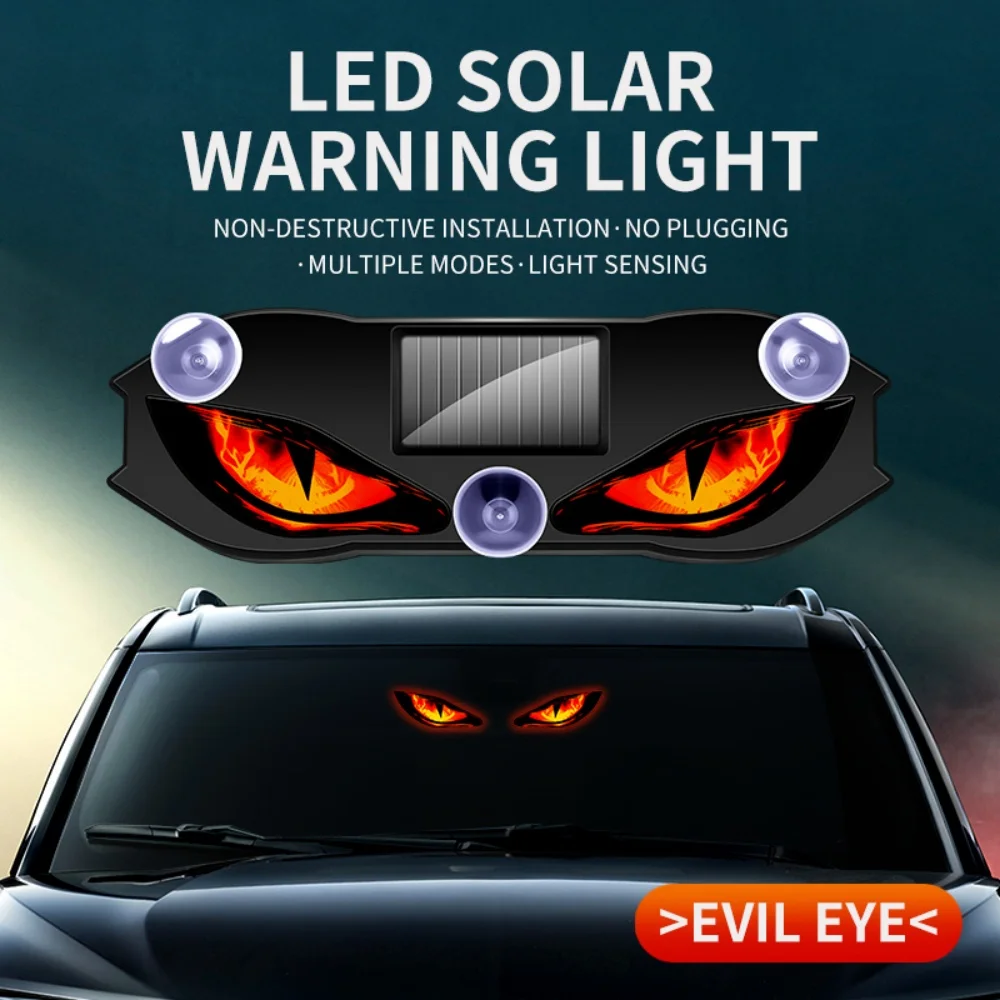 Auto Interior Windshield Install Solar LED Devil's Face Warning Strobe Light MultiColor Flashing Safety Lamp Suction Cup