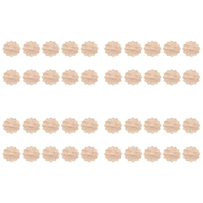 AT05-40Pcs Unpainted Round Flower Pattern Wood Carved Applique Frame Onlay Cabinet Furniture Decoration 6Cm