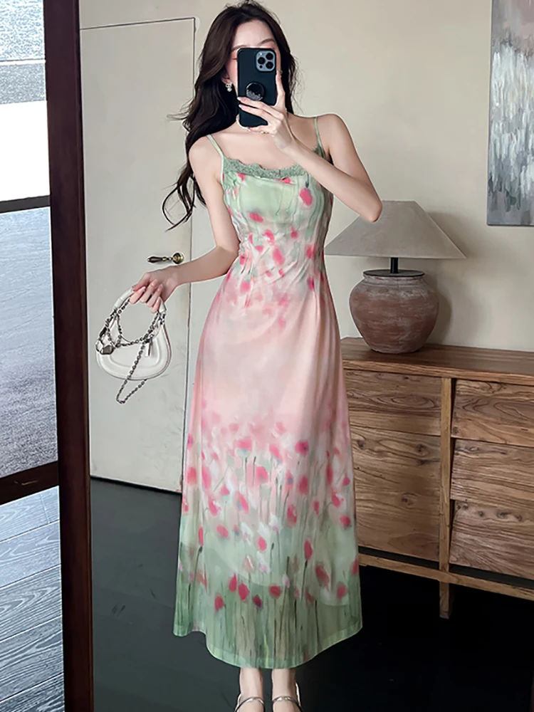 2025 nouvelle mode maille dentelle florale robe à bretelles + vert t-shirts deux pièces ensembles femmes été plage Style élégant tenue décontractée ensembles