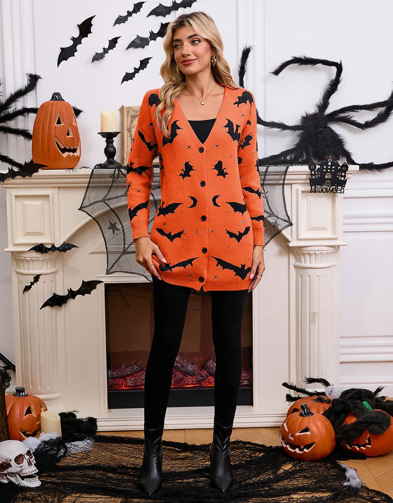 WackDaria Women Cover Up Halloween Style Long Sleeve UV Protection Pumpkin Knitted Bathing Suit