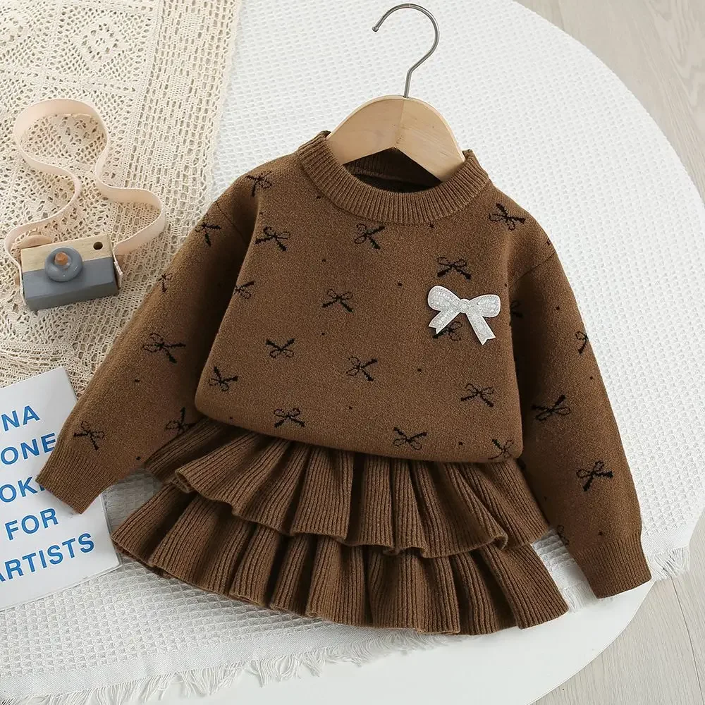 2026 New Casual Girls Dress Knitting Kids Suit Winter Long Sleeves Princess Top and Skirt 2 pcs Outfits Sweater Kids Clothes
