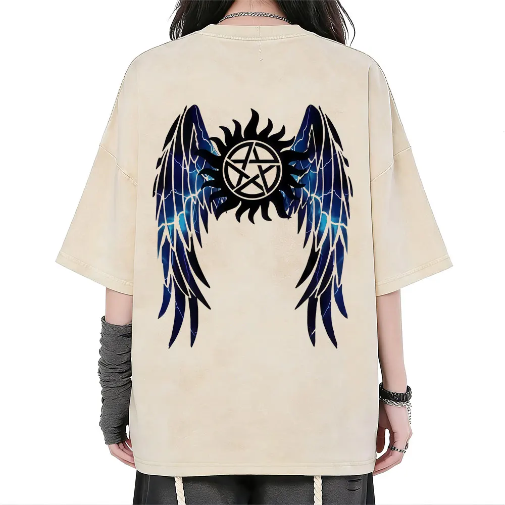 

Supernatural Graphic Vintage Washed T-shirt Men Women Clothing Gothic Retro Oversized Short Sleeve Male Casual Cotton T Shirts