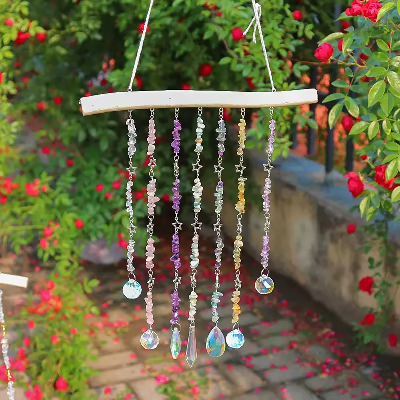 2025 Fantasy Crystal Wood 7 Charka Life Wind Chime Hanging Window Room Illusion Rainbow Hanging Wall Decoration Suncatcher Gift