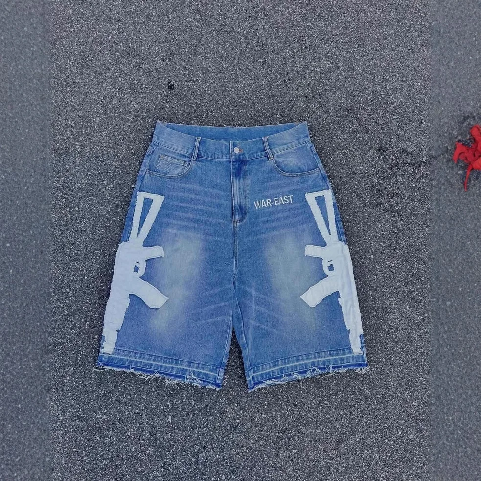 Summer new retro washed hip-hop letter print men's and women's shorts casual loose denim shorts
