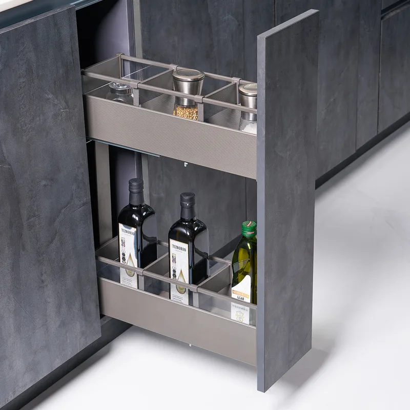 -oo Narrow-edge Pull-out Spice Drawer with Buffer for Kitchen Cabinet Side Installation