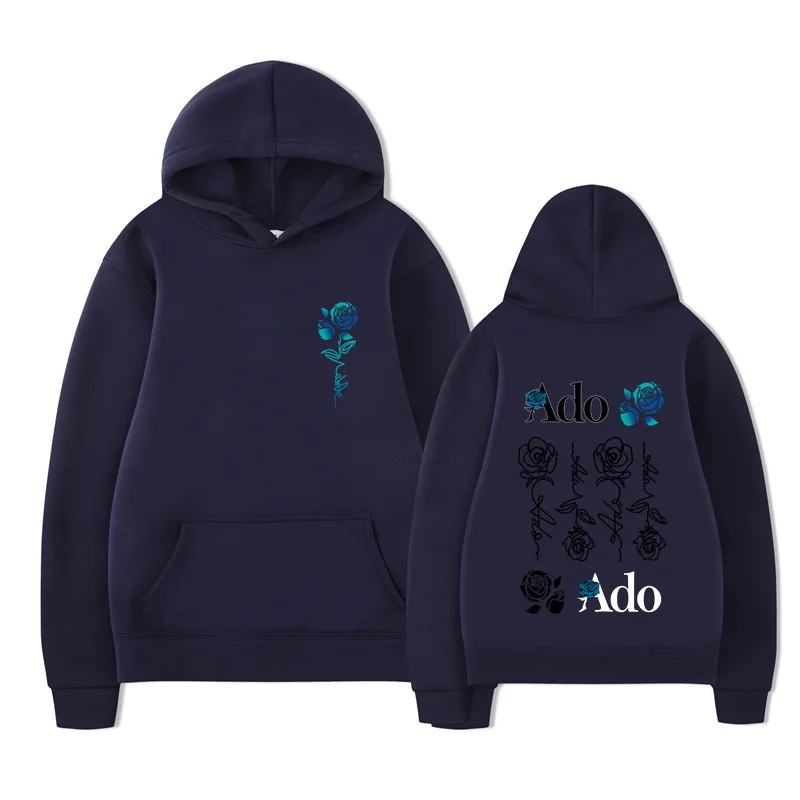 Ado Blue Rose Printed Hoodies Men Women Hooded Pullover Fashion Casual loose Sweatshirts Winter Long Sleeve Hoodie Streetwear