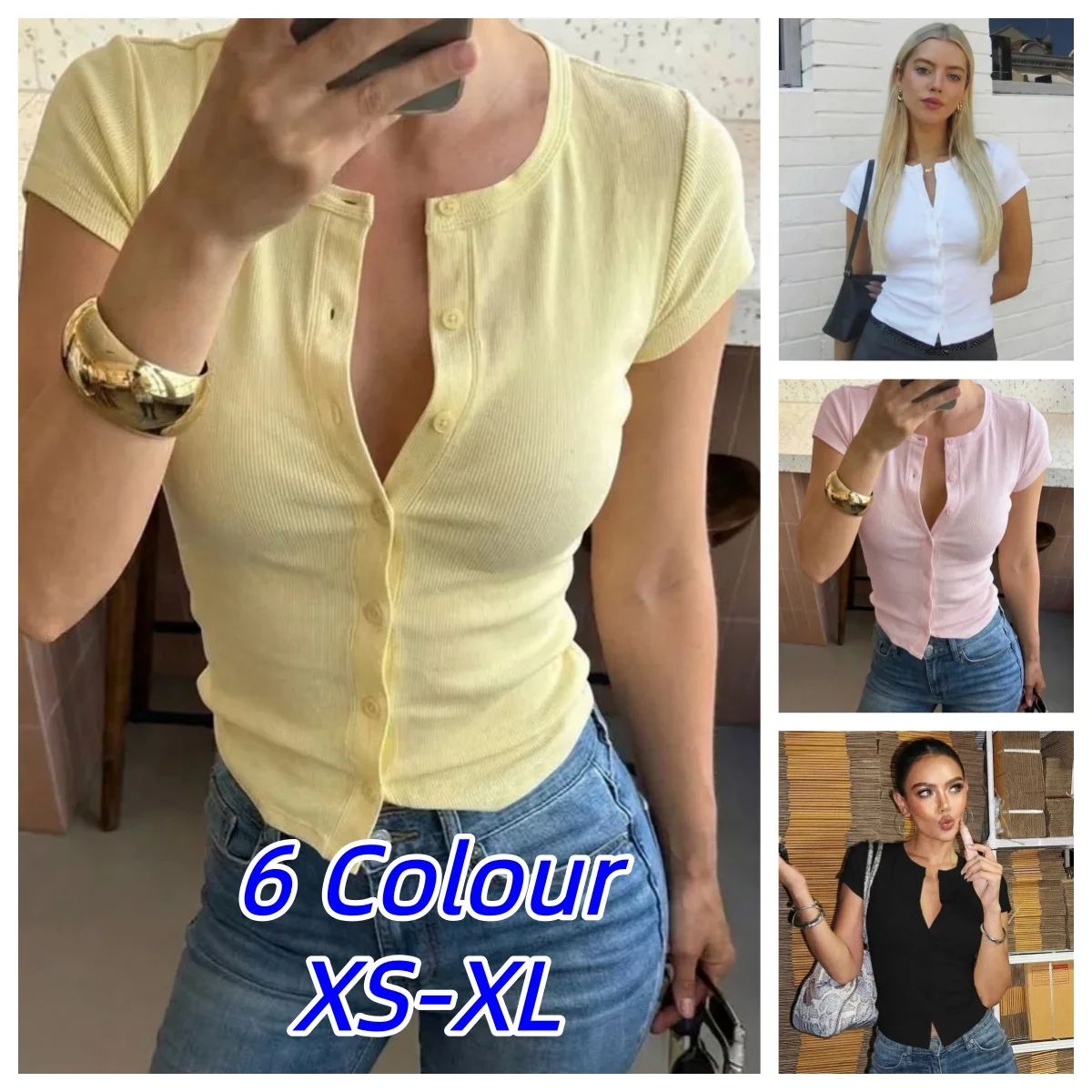 Fashion New T-Shirt Women's Casual Solid Slim-Fit Crew Neck Cardigan T-Shirt Summer Office Lady Vacation Female Tops 2026