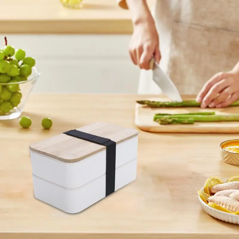 Adult Lunch Box Double Layer Containers Japanese Style Microwavable With Wooden Lid Leak Resistant Boxes Perfect for outdoor