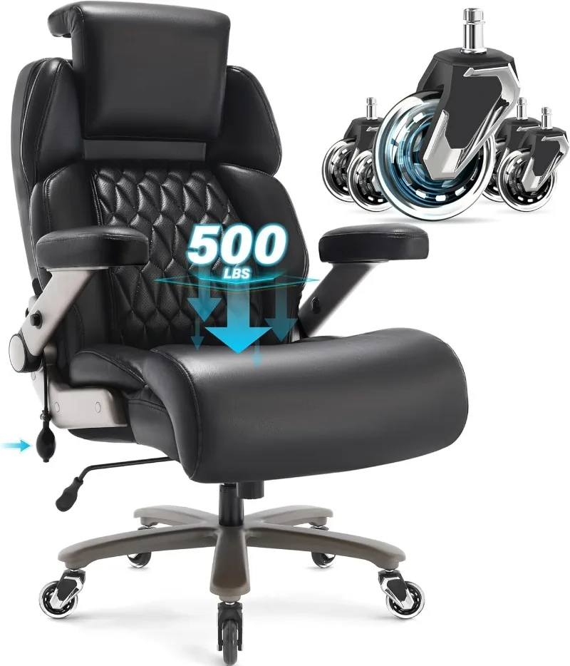 

Big and Tall Office Chair 500lbs - Adjustable Headrest&Lumbar Support, 3D Flip Arms, Large Wheels &Heavy Duty Metal Base