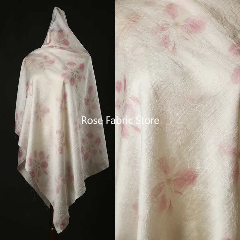 1 Meter Blossoming Peach Floral Silk Jacquard Fabric Chinese Style Hanfu Cheongsam Dress Sewing Cloth