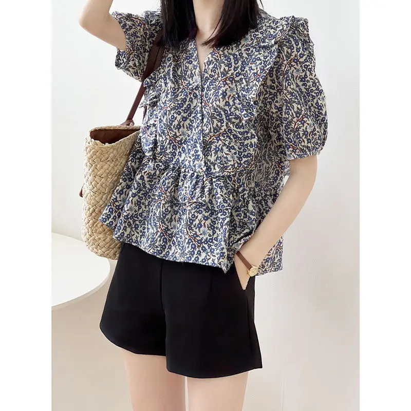 KUSAHIKI Floral Puff Sleeve Blouse Women Summer V-neck Ruffle Top Shirt 2022 New Sweet Fashion Chic Blusas Femininas Elegantes