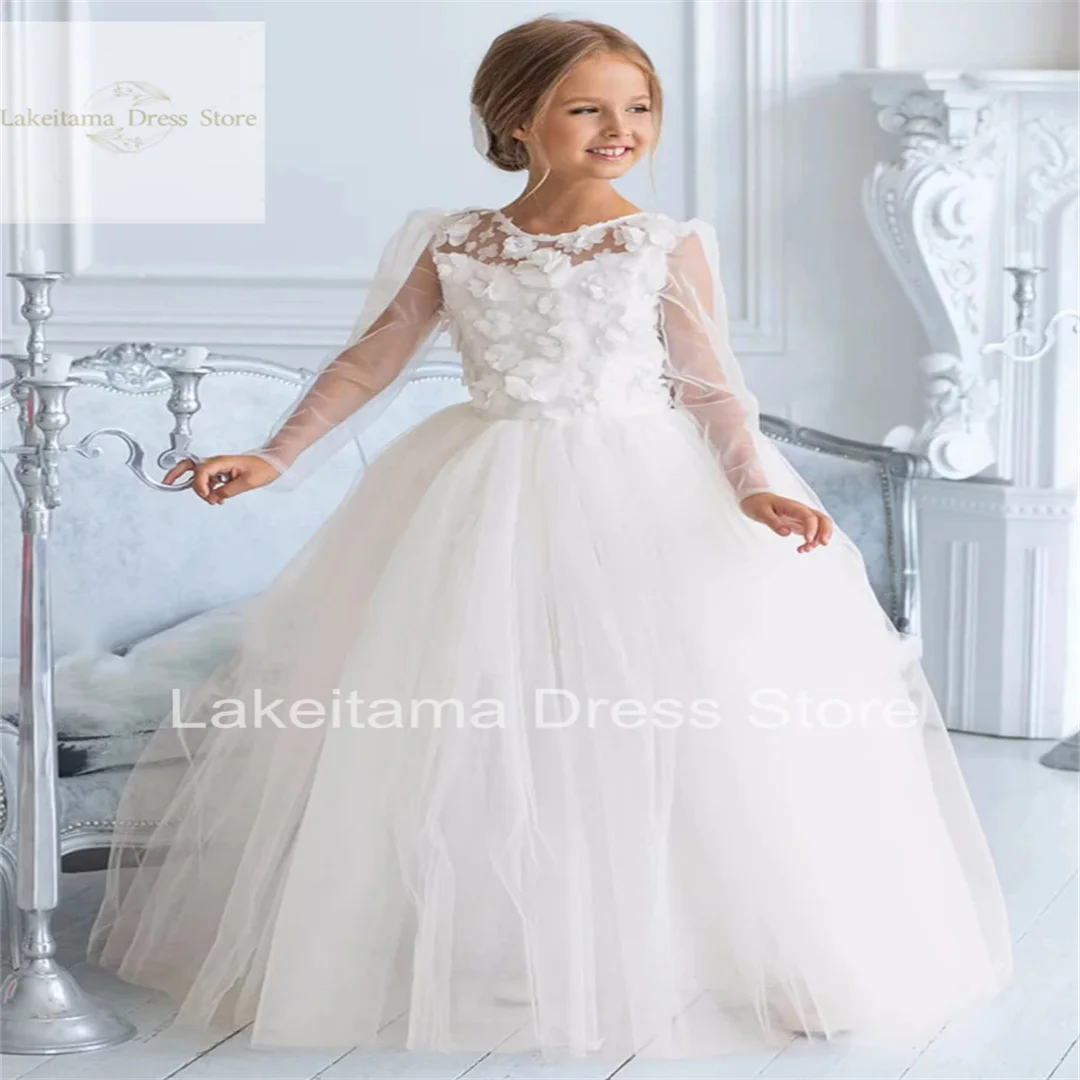 

Flower Girl Dresses Tulle Puffy 3D Flowers Long Sleeve For Wedding Birthday Party First Communion Gowns