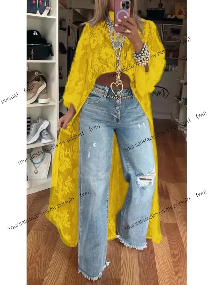 ZOCI-Atasan Renda Wanita, Kaos Kerah Bulat Modis, Lengan Panjang, Elegan, Kasual, Polos, Celana Dalam untuk Liburan dan Kantor, Kaos