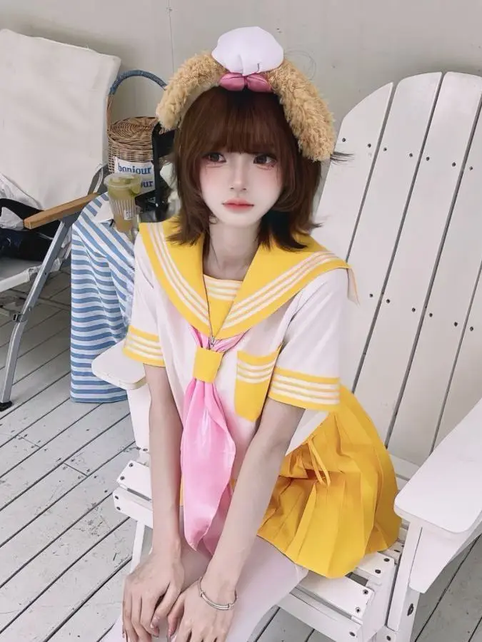 Authentic Japanese School Uniform Basic Yellow Three Books Sailor Suit Set Cute School Girl Pleated Skirt Outfit Polyester view 5